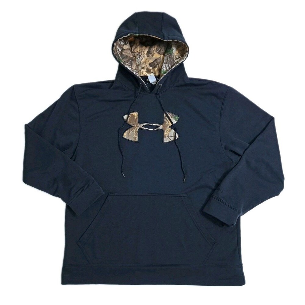Under Armour Mens XL Loose Hoodie Realtree ColdGear Fleece Camo Logo Black Storm